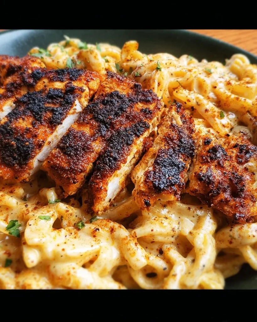 Delicious Blackened Cajun Chicken Alfredo served in a bowl with herbs