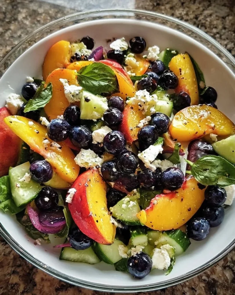 Delicious Blueberry Peach Feta Salad with fresh fruits and creamy feta cheese