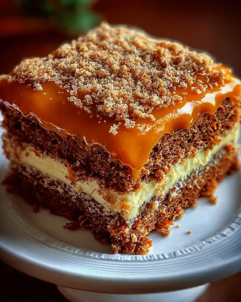 Slice of Brazilian Carrot Cake topped with chocolate icing on a white plate
