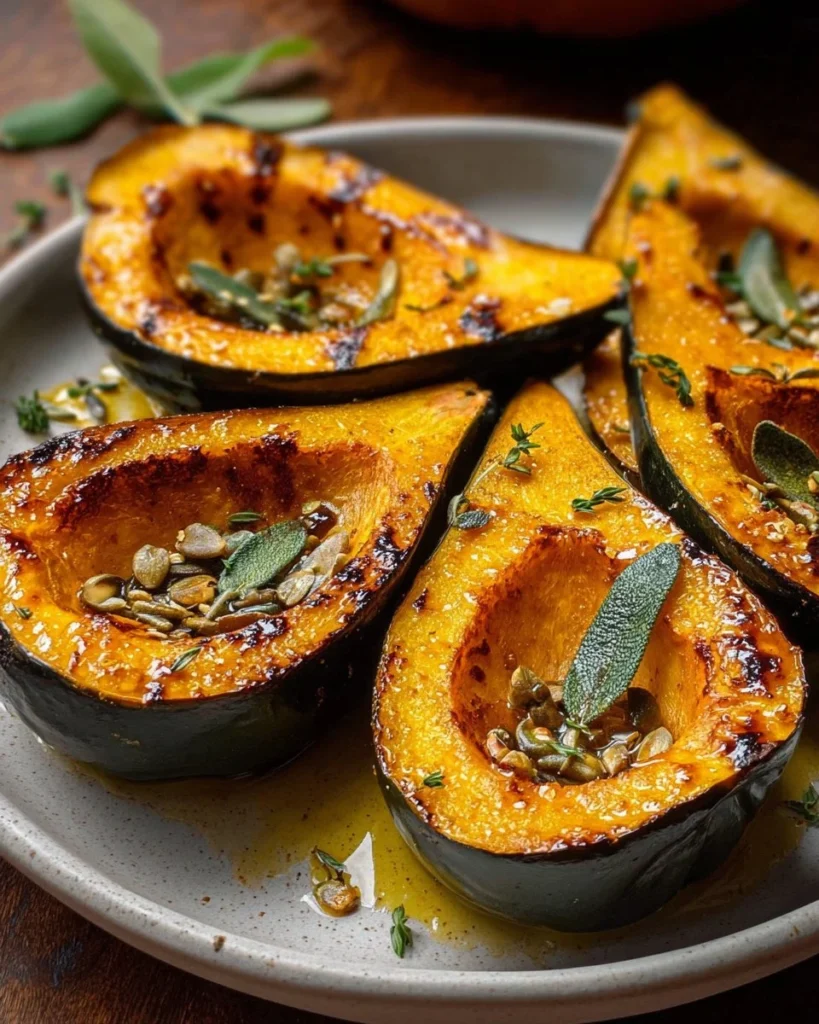 Browned butter and sage roasted acorn squash served on a plate