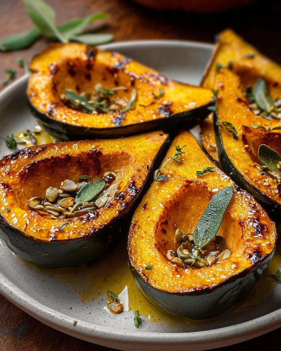 Browned butter and sage roasted acorn squash served on a plate