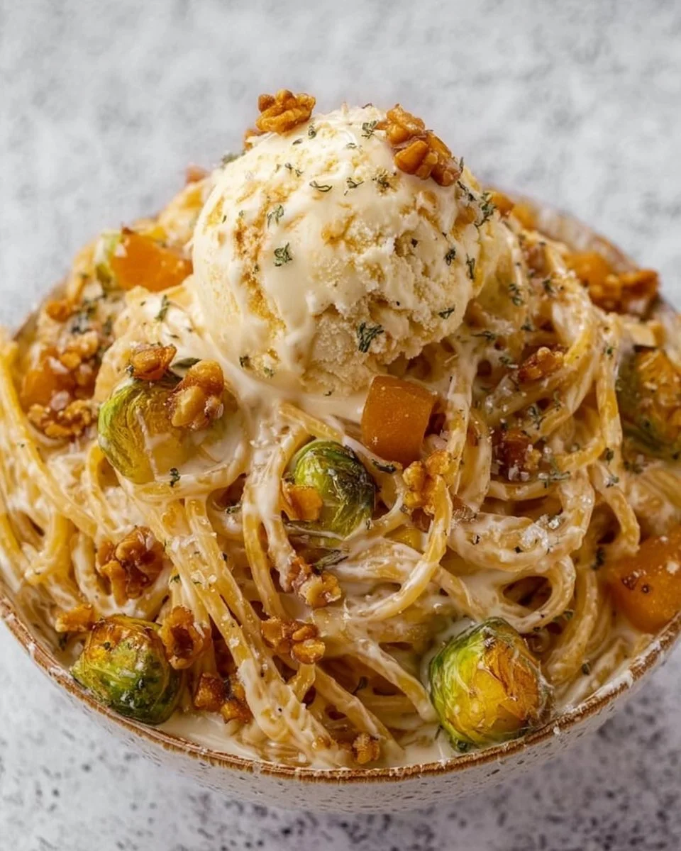 Brussels Sprouts and Butternut Squash Pasta dish with fresh herbs