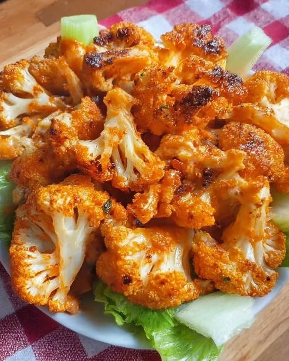 Buffalo roasted cauliflower served on a plate with dipping sauce