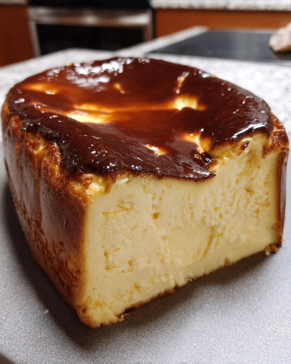 Slice of burnt cheesecake with a creamy texture and charred top