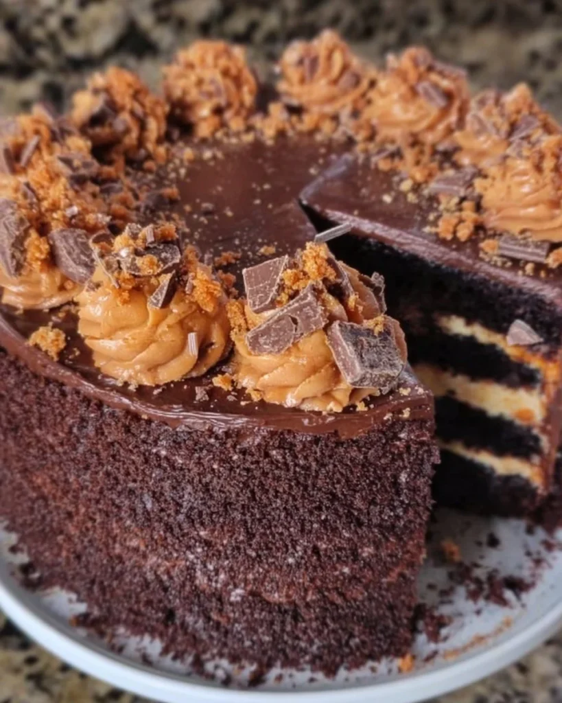 Delicious Butterfinger Double Chocolate Layered Cake with chocolate frosting and Butterfinger pieces.