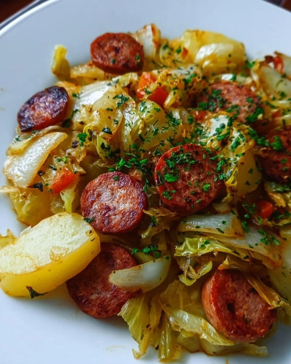 Cabbage potato dish with halal beef sausage, served in a plate.