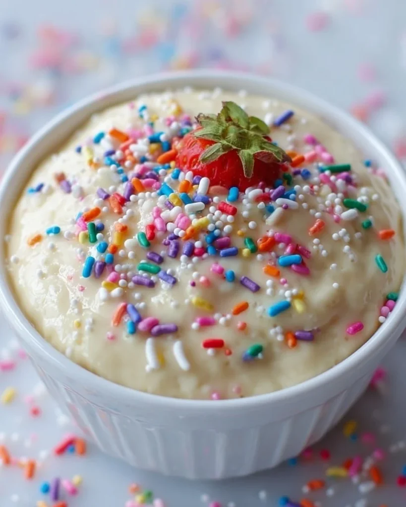 Delicious bowl of Cake Batter Protein Pudding topped with sprinkles