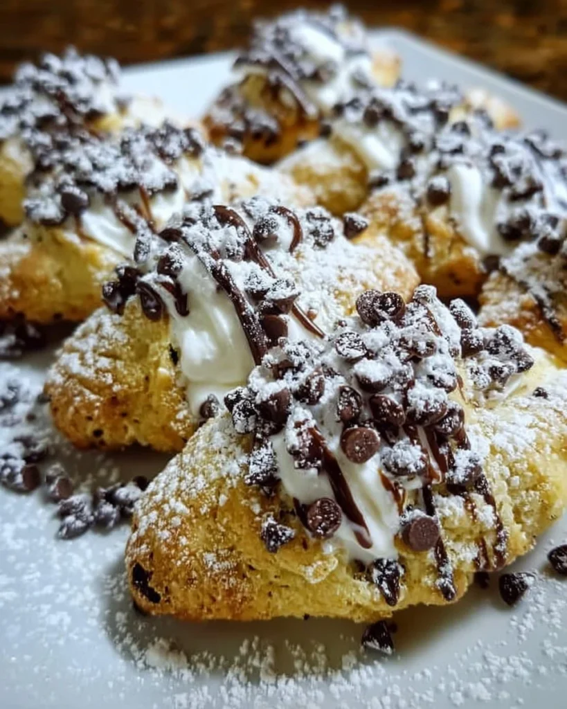 Delicious cannoli cookies topped with powdered sugar and chocolate chips