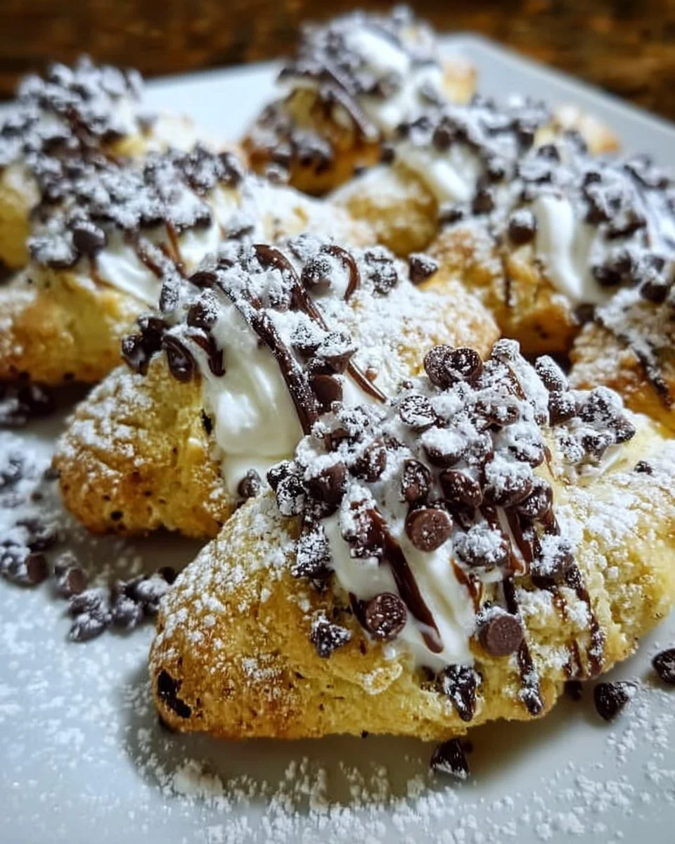 Delicious cannoli cookies topped with powdered sugar and chocolate chips