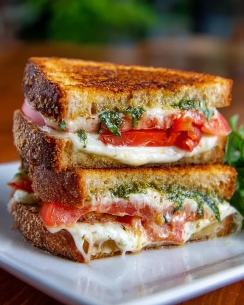 Delicious Caprese Grilled Cheese Sandwich with fresh mozzarella and basil