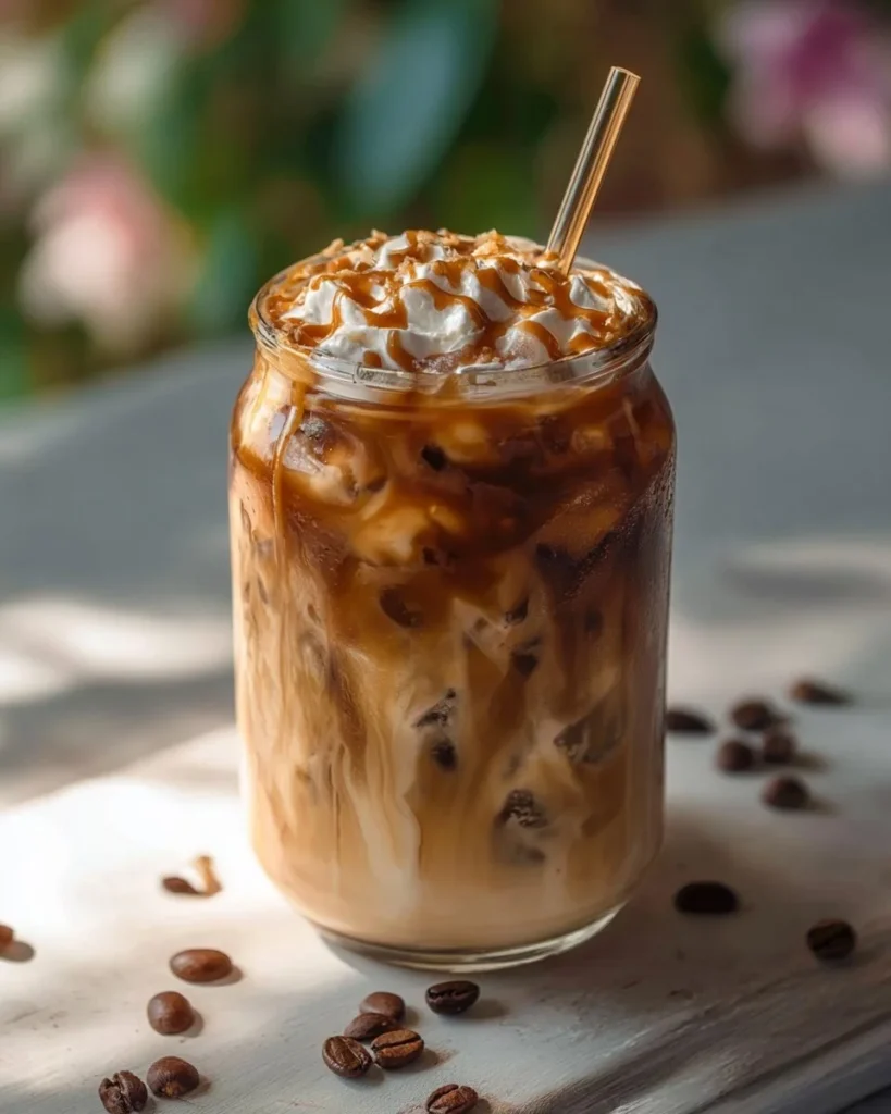 A delicious cup of caramel hazelnut iced coffee topped with whipped cream.