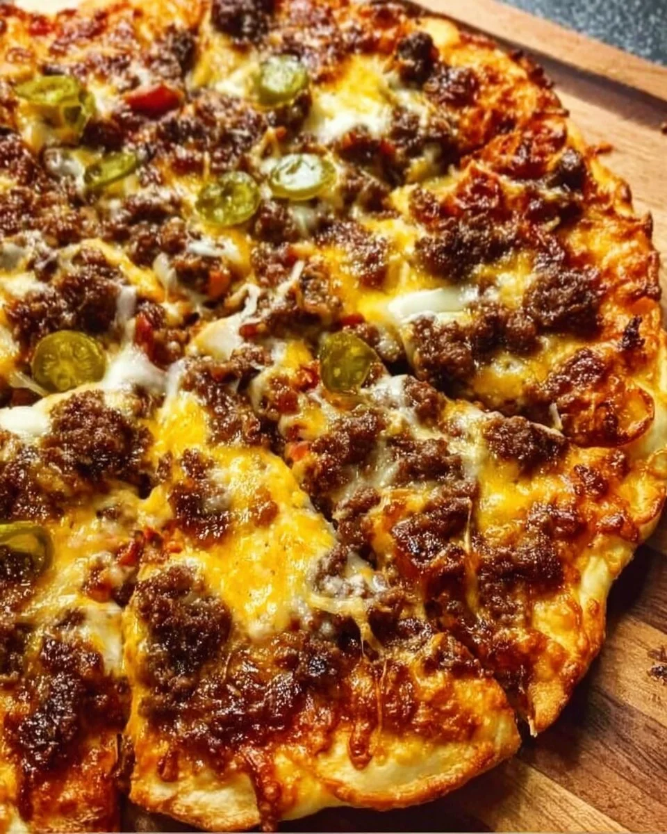 Cheeseburger Pizza No Pork with toppings like beef, cheese, and pickles