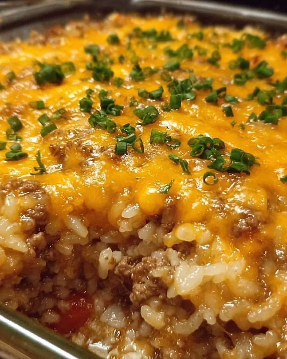 Delicious cheesy ground beef and rice casserole dish