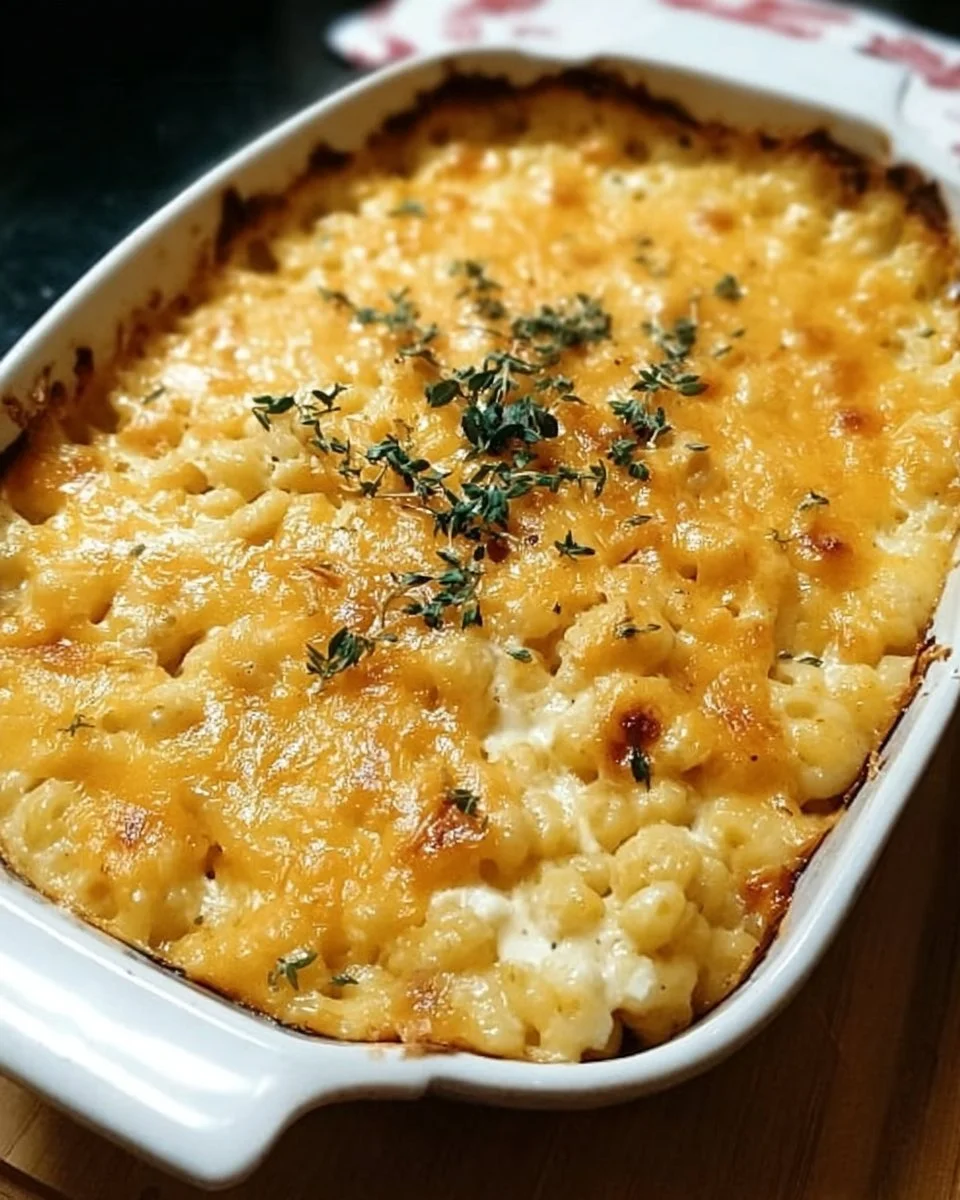 Delicious cheesy hominy casserole served in a baking dish