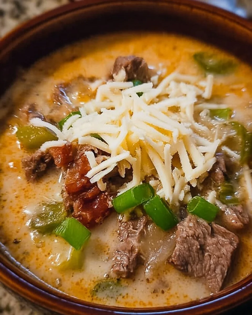 Bowl of cheesy steak soup topped with herbs and cheese
