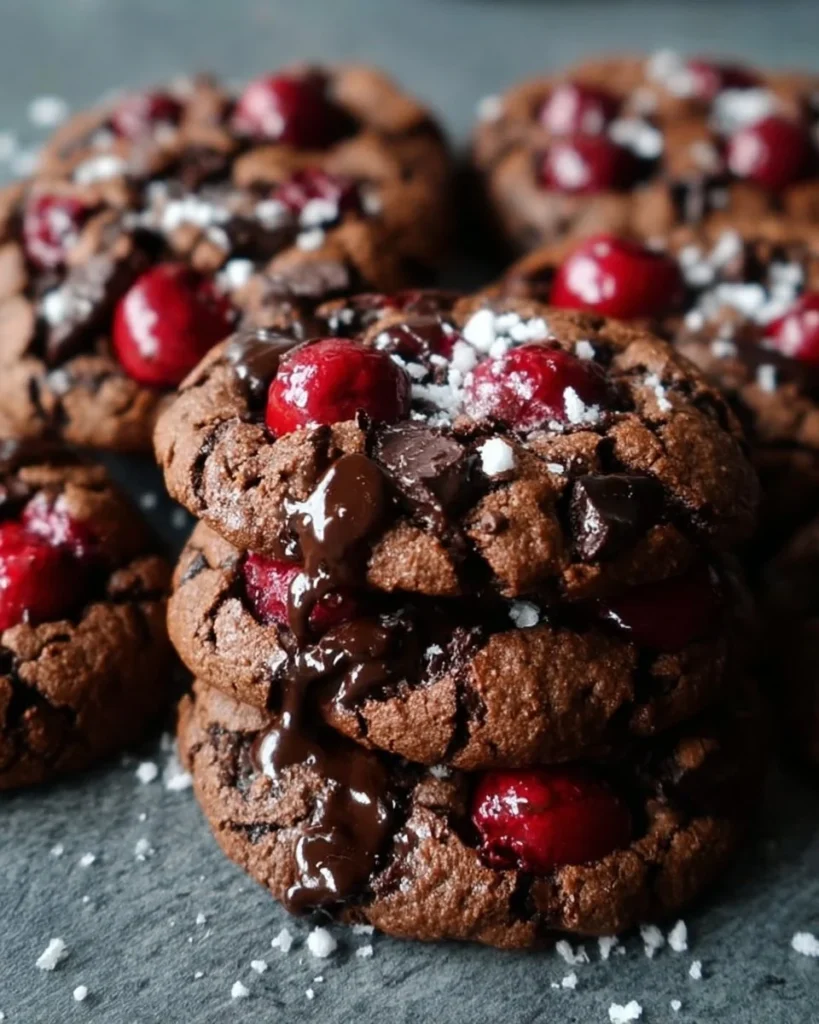 Chewy Black Forest cookies with chocolate and cherries on a plate