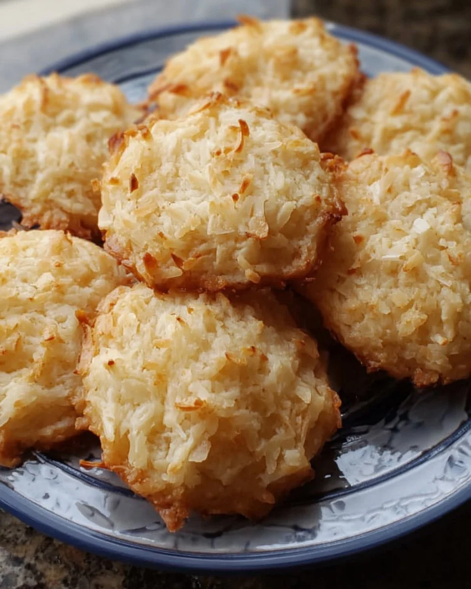 Baked chewy coconut cookies with a golden brown color and coconut flakes