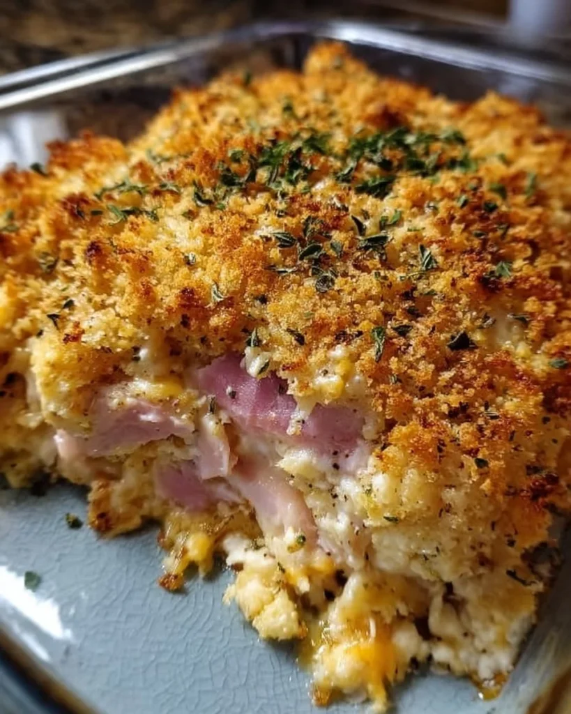 Delicious Chicken Cordon Bleu-style casserole without ham on a plate.