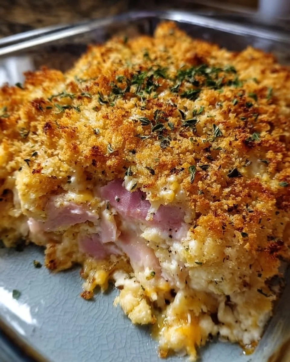 Delicious Chicken Cordon Bleu-style casserole without ham on a plate.
