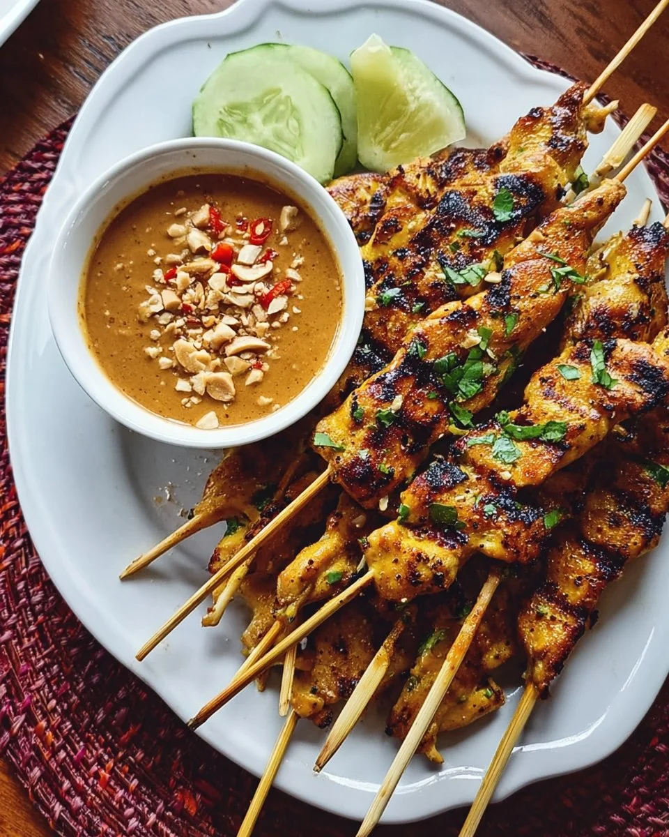 Delicious Chicken Satay skewers with spicy peanut dipping sauce