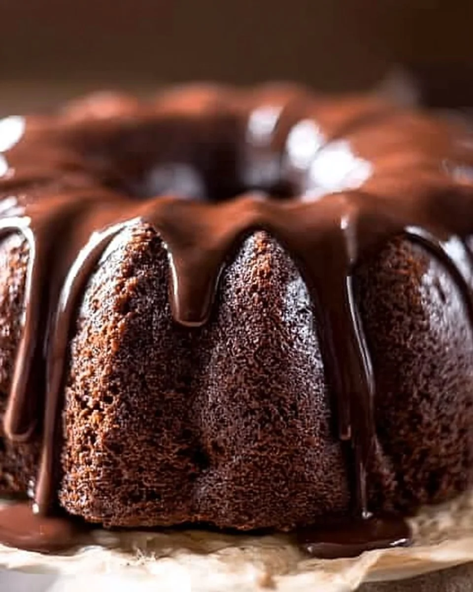 Delicious Chocolate Bundt Cake topped with chocolate ganache and sprinkles.