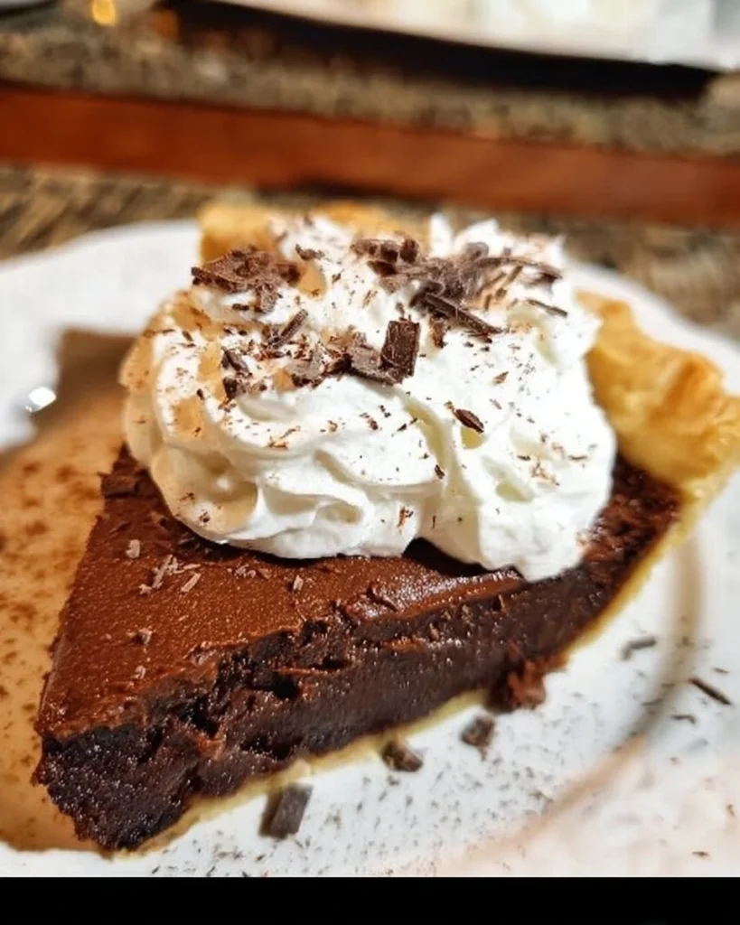 Delicious chocolate fudge pie topped with chocolate shavings on a white plate.
