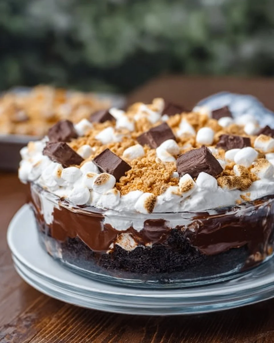 Delicious Chocolate S’mores Pudding Cake topped with chocolate and marshmallow
