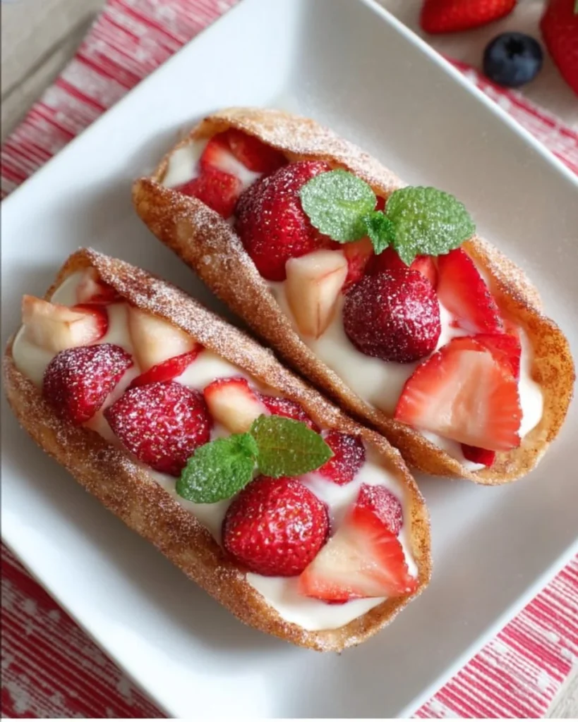 Delicious Churro Tostado Tacos de Fruta Dulce served with fresh fruits