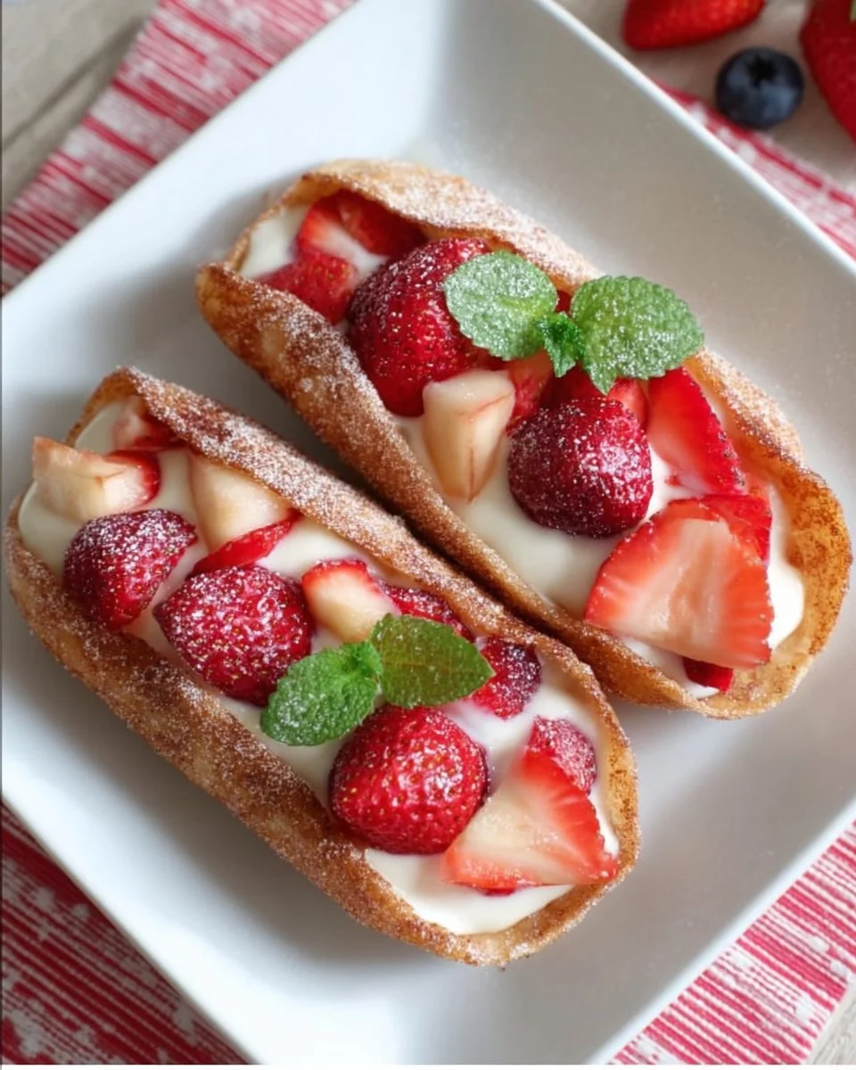 Delicious Churro Tostado Tacos de Fruta Dulce served with fresh fruits