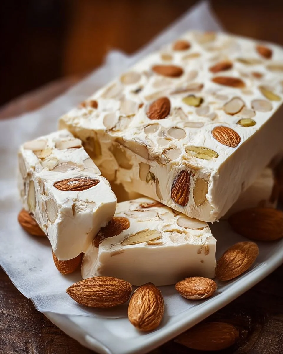 A piece of classic Almond Honey Nougat with almonds and honey on a wooden background.