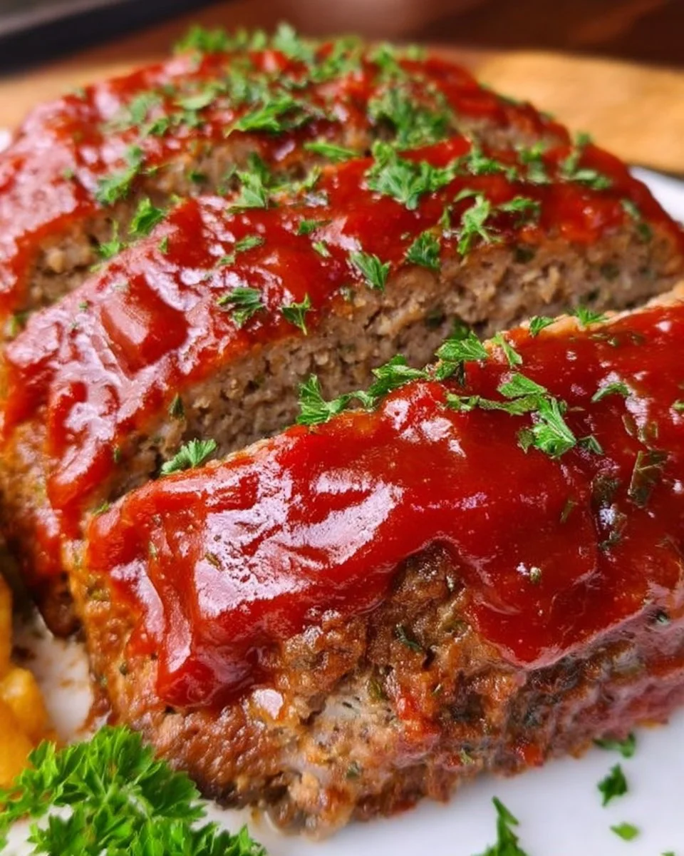 Classic beef meatloaf sliced on a cutting board with sides