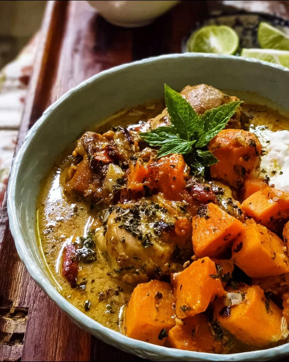 Coconut milk braised chicken with black pepper and sweet potatoes in a bowl.