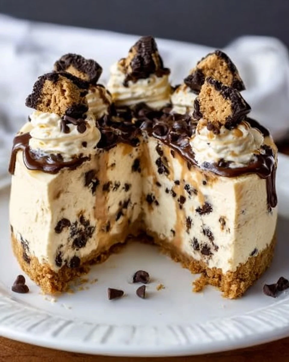 Delicious Cookie Dough Cheesecake topped with cookie dough pieces