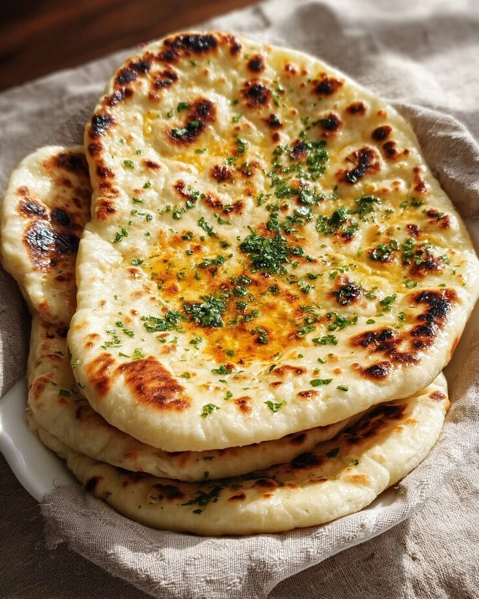 Deliciously baked Cottage Cheese Garlic Naan served warm with herbs.