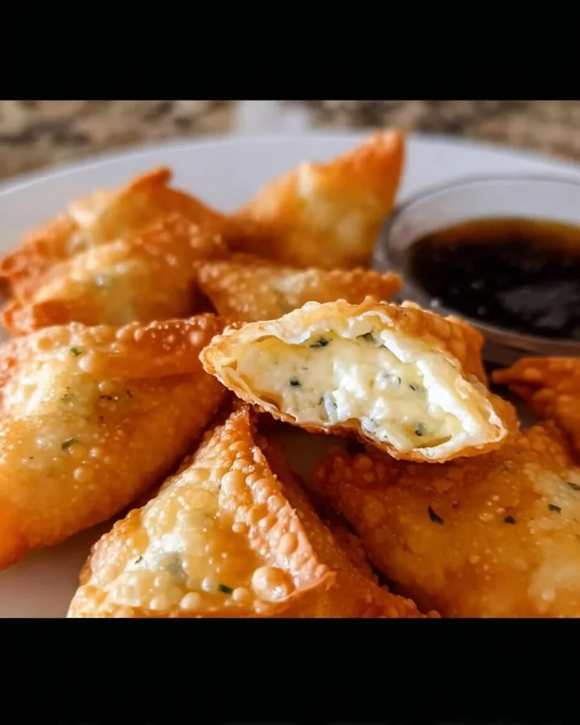 Golden brown cream cheese wontons served on a plate with dipping sauce