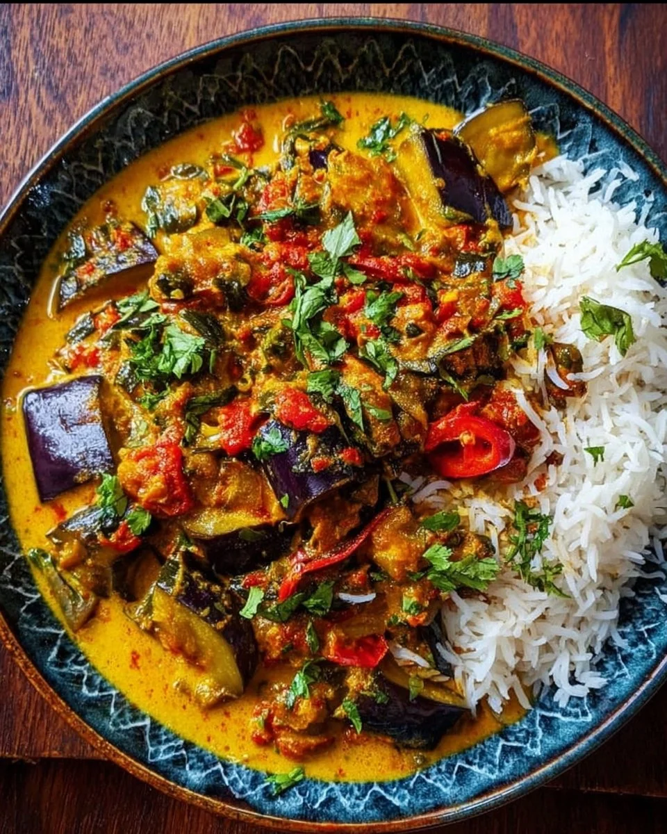 Bowl of creamy aubergine curry garnished with herbs and spices