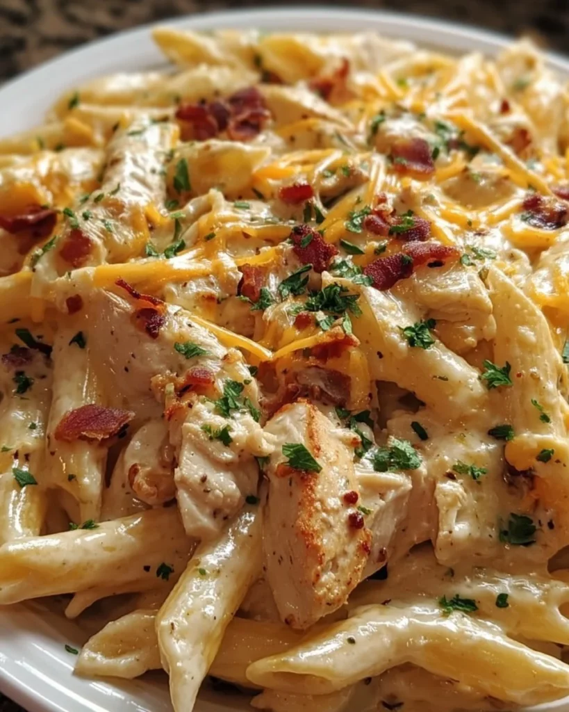 Creamy Cheesy Chicken Penne dish garnished and ready to serve