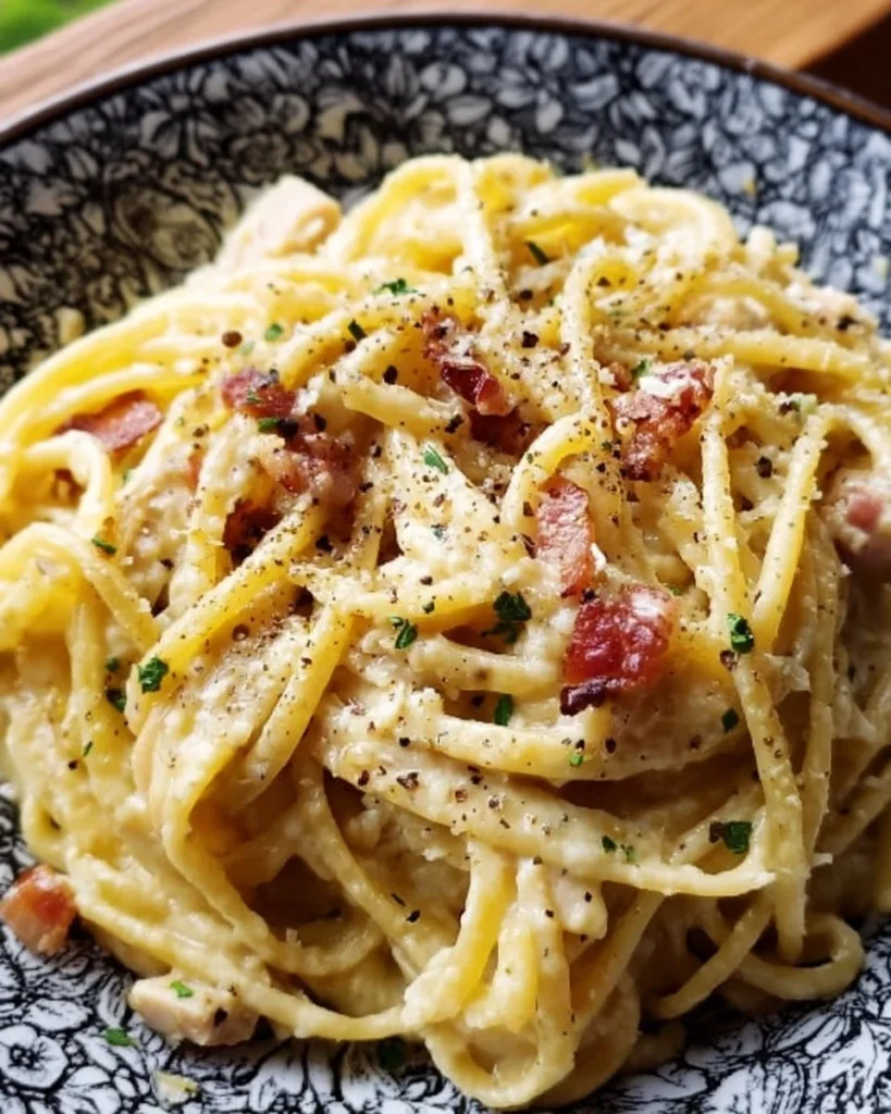 Bowl of creamy Chicken Carbonara-style pasta with chicken and herbs