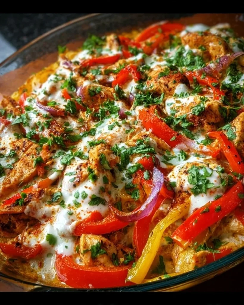 Creamy Chicken Fajita Bake with cottage cheese served in a casserole dish