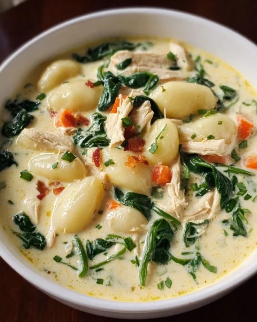 Bowl of Creamy Chicken Gnocchi Soup with fresh herbs and ingredients
