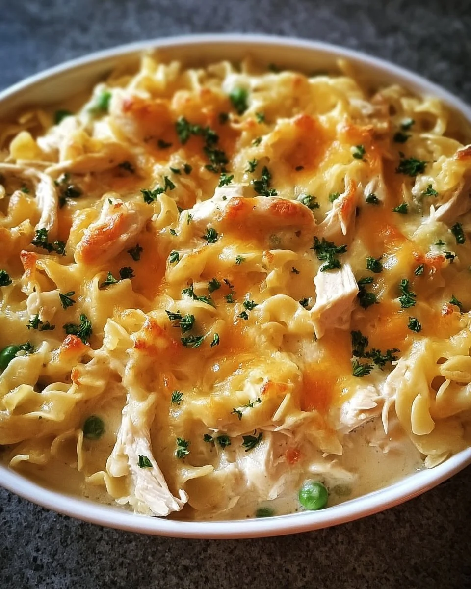 Creamy classic chicken noodle casserole in a baking dish