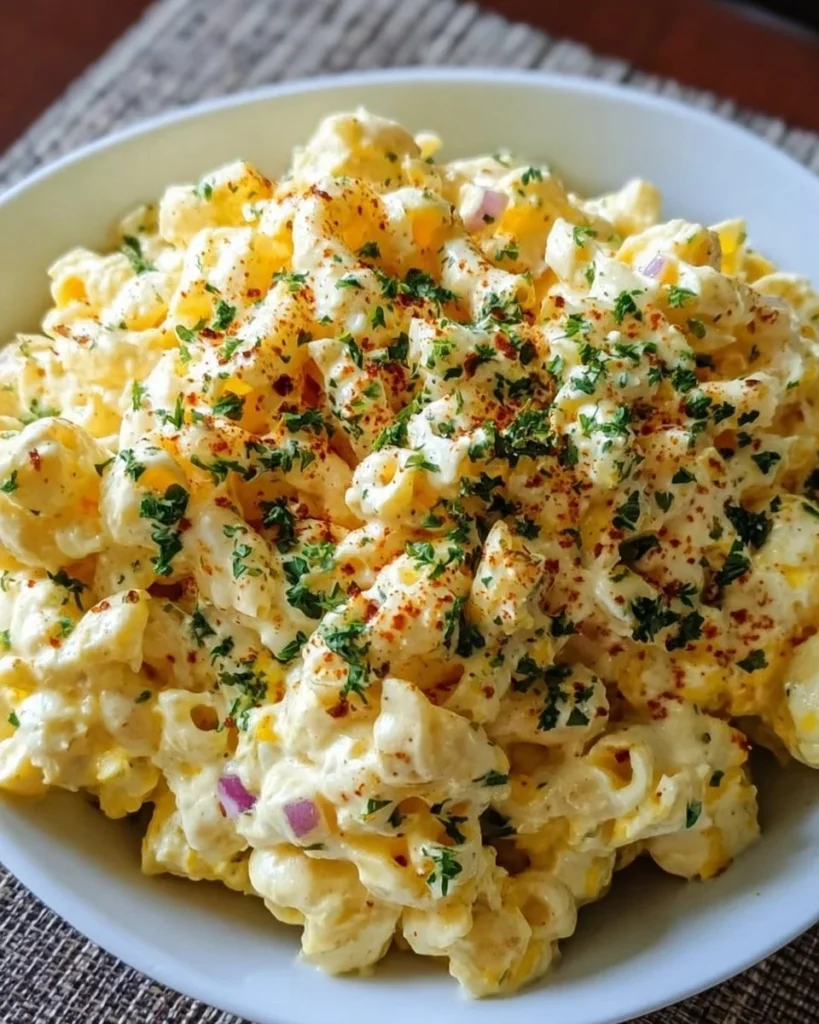 Delicious creamy classic egg macaroni salad served in a bowl with ingredients