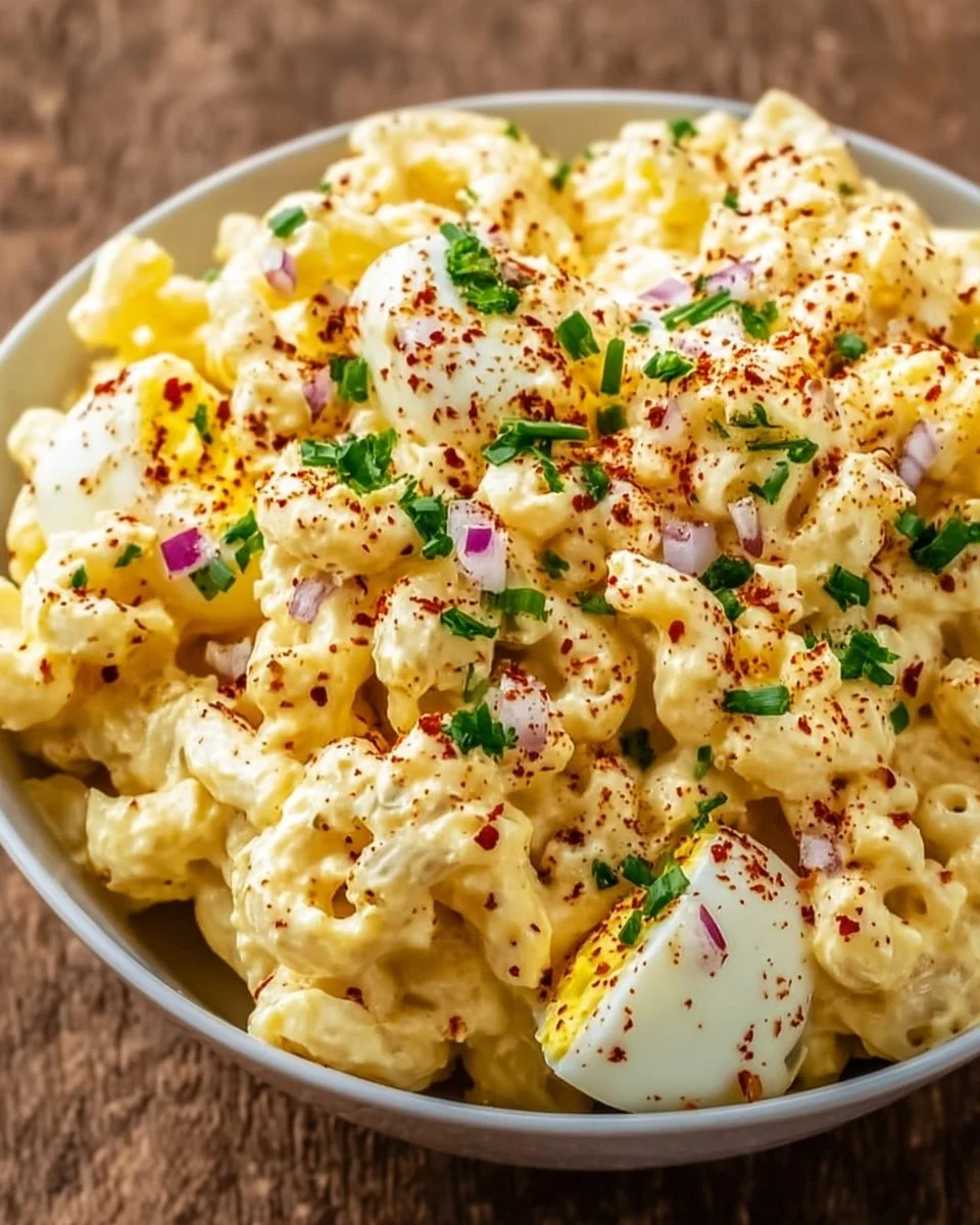 Creamy deviled egg macaroni salad in a bowl with fresh herbs