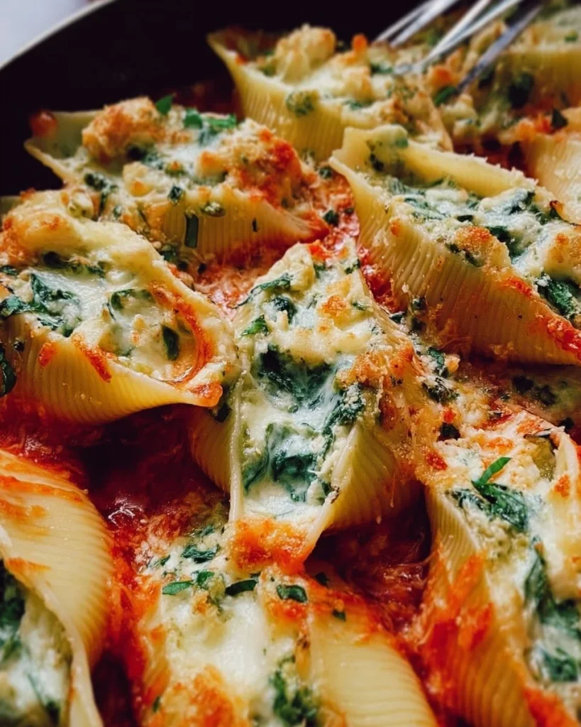 Creamy garlic chicken and spinach stuffed shells on a plate