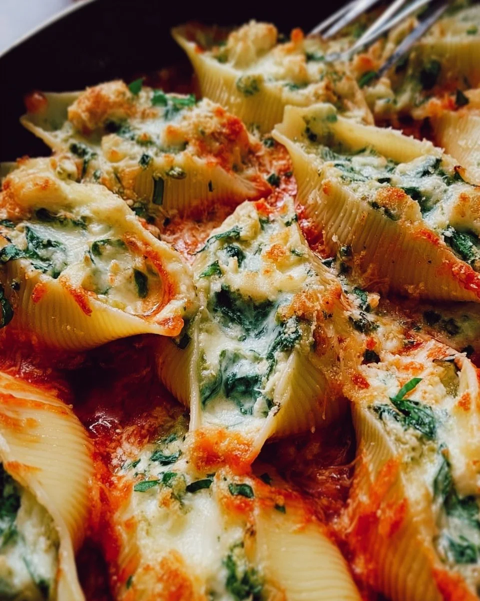 Creamy garlic chicken and spinach stuffed shells on a plate