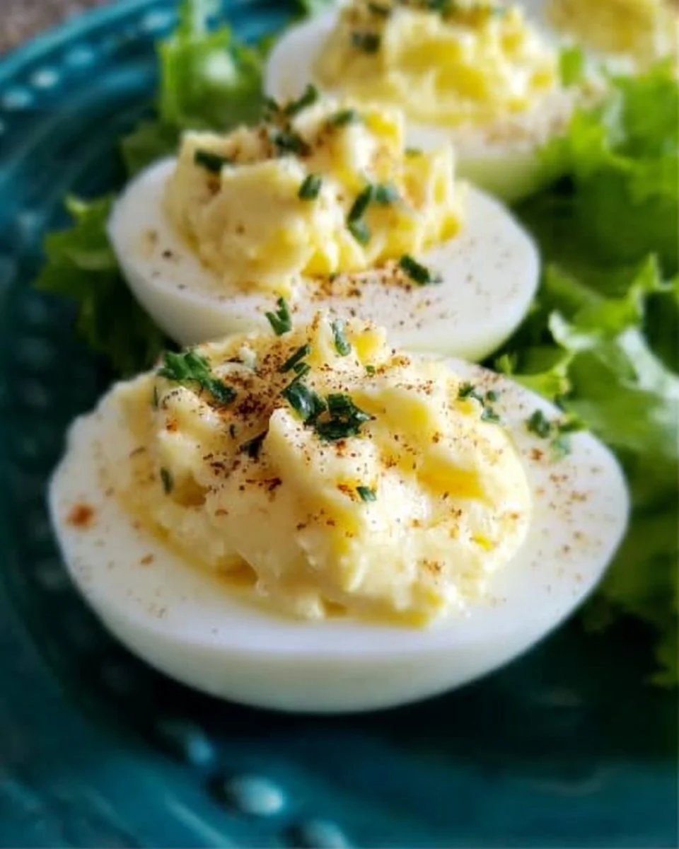 Creamy garlic deviled eggs on a white plate, garnished with herbs