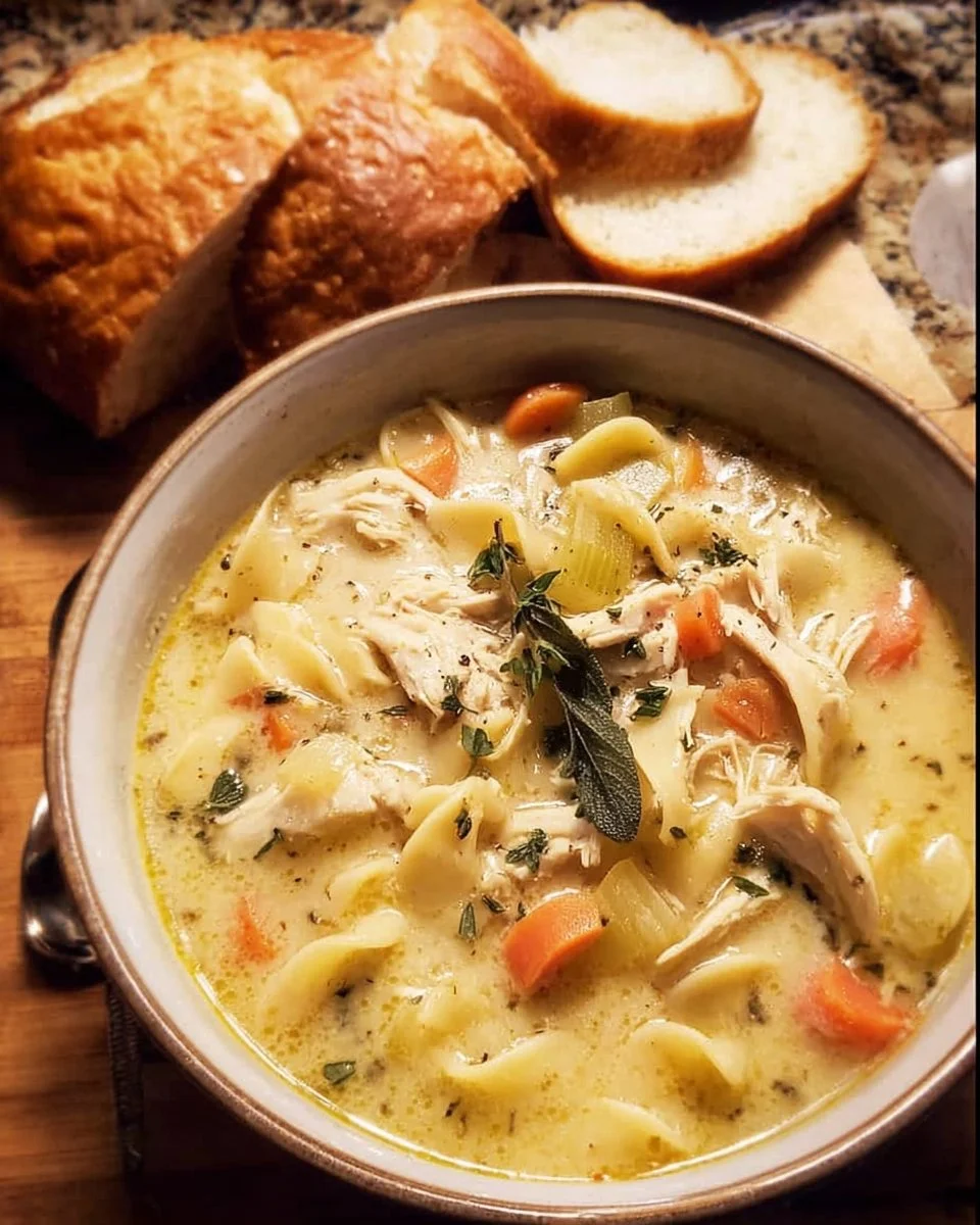 Bowl of creamy homestyle chicken noodle soup topped with herbs.