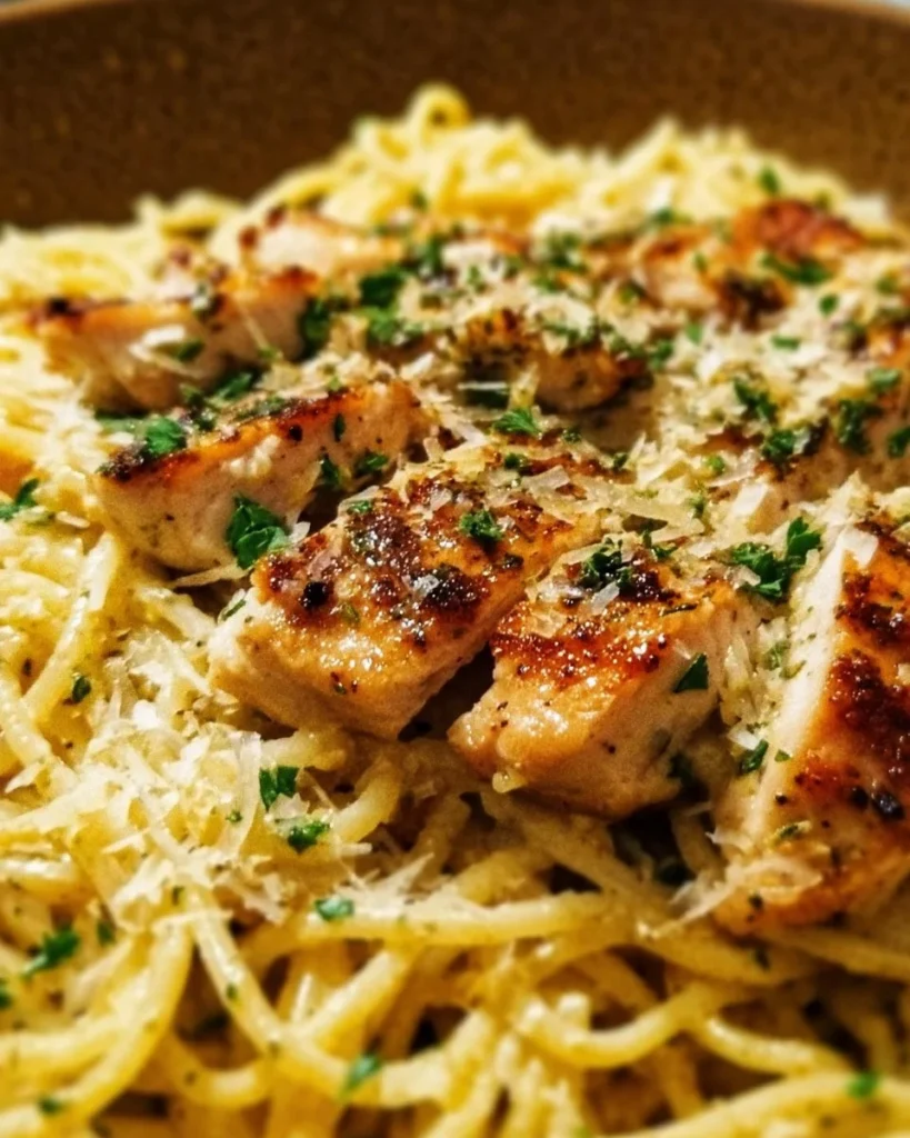 Creamy lemon chicken pasta dish without wine, garnished with herbs.