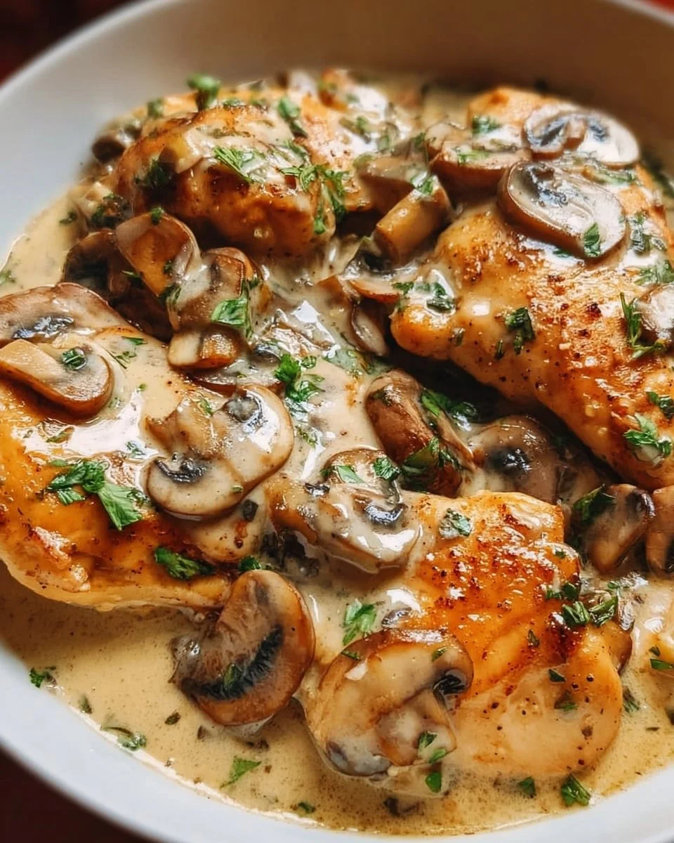 Creamy mushroom chicken dish garnished with fresh herbs on a white plate.