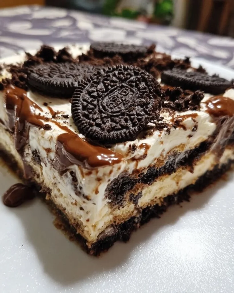 Delicious creamy Oreo lasagna dessert served in a glass dish